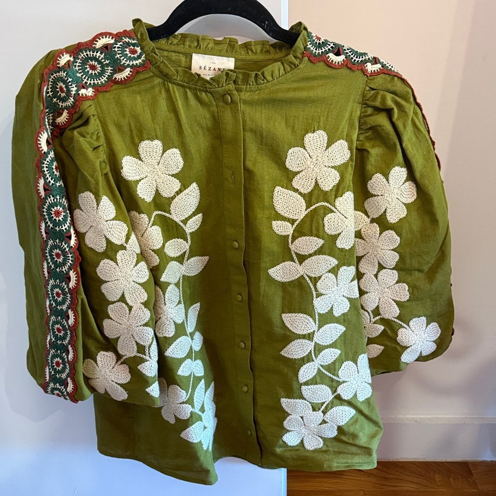 Sezane Anton Blouse in Olive Green with White Floral Embroidery